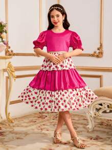 Robe de jour court-manches simple et décontracté pour filles pré-adolescentes - Rose vif - Voir 4