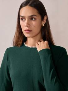 BizChic 2025 Summer New Arrival Emerald Green Round Neck Pearl Decor Long Sleeve Ladies Dress, Elegant Business Casual Everyday Wear, Suitable For Wedding Guest, Beach Vacation, 90s Retro Stockholm Style, 4th Of July