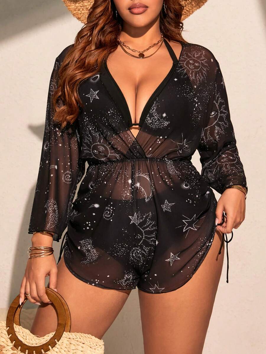 3 件套大码女式纹理罩衫和比基尼套装，休闲度假，适合夏季海滩