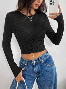 Flirla Black Criss-Cross Wrap-Around Fitted Cropped Women's T-Shirt - Black - View 5