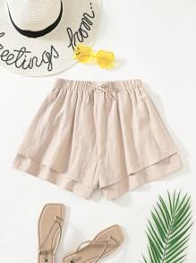 SHEIN Teen Girl Khaki Ruffle Hem Bowknot Solid Shorts - Apricot - View 1