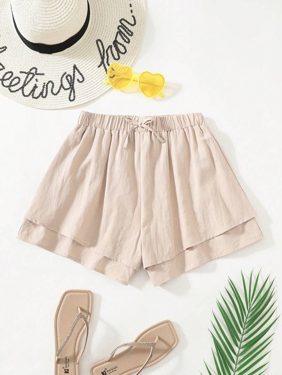 SHEIN Teen Girl Khaki Ruffle Hem Bowknot Solid Shorts - Apricot - View 1