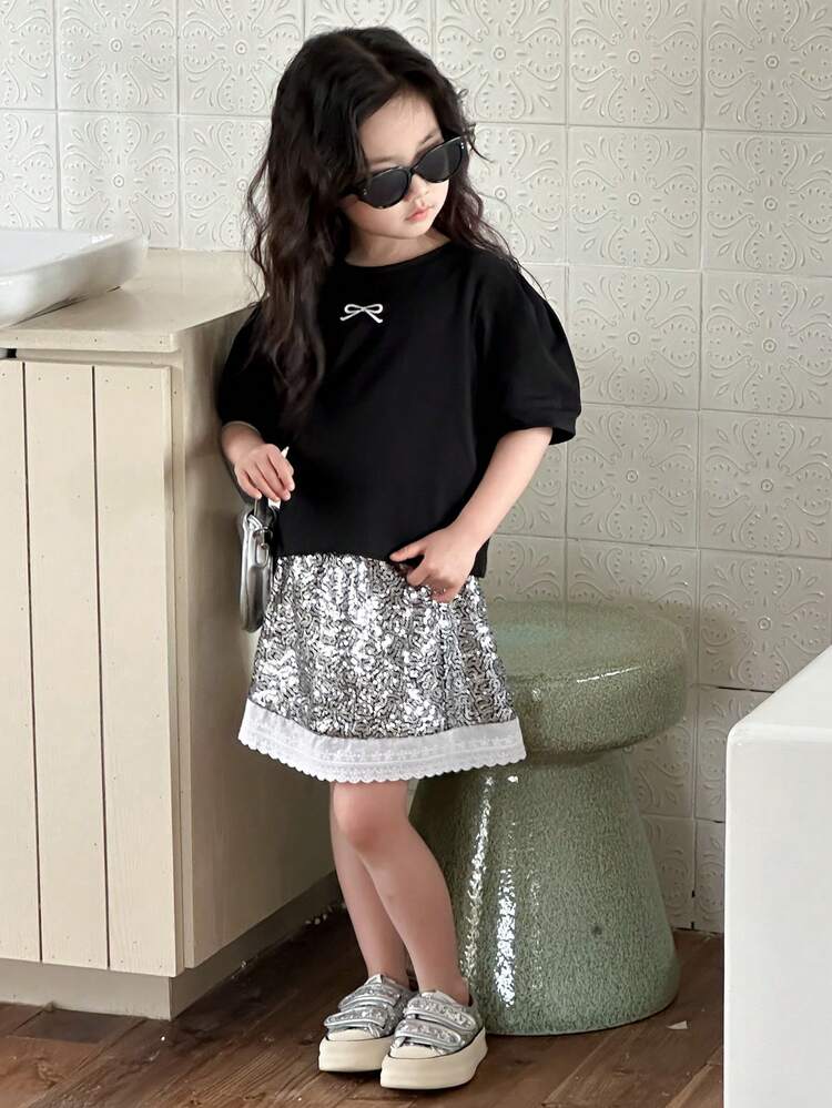 2pcs Young Girl Casual Daily Butterfly & Sequin Print Pleated Mini Skirt Set,Girls Summer Outfits