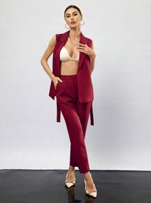 Aveloria Modichic Lapel Neck Belted Vest Blazer & Pants  - Red - View 3