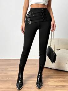 Chiquease 时尚高腰金属装饰扣紧身女式紧身裤，随机花卉图案 - 黑色 - 查看 7
