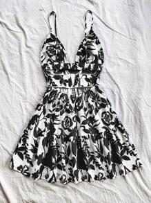 Soleia Vestido corto de línea A con tirantes finos y espalda descubierta con estampado floral, adecuado para vacaciones