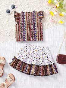 SHEIN Baby Girls Summer Cute Colorblock Ditsy Floral Top And Mini Skirt Set - Khaki - View 2