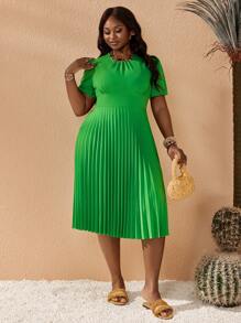 Slaydiva Plus Size Women's Solid Color Ruffle Hem Puff Sleeve Dress - Green - View 6