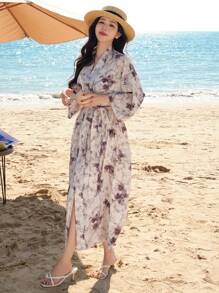 DAZY Kimono ampio a fantasia floreale da donna, copricostume, abbigliamento da resort, adatto per vacanze estive al mare - Multicolore - Visualizzare 4