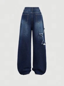 SHEIN Teen Girls' Frayed Star Decor Blue Ripped Loose Fit Jeans