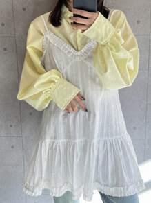 FRIFUL Women's White Spaghetti Strap Ruffle Hem Camisole Tank Top, Sweet Style, Spring/Summer Babydoll Top - White - View 7