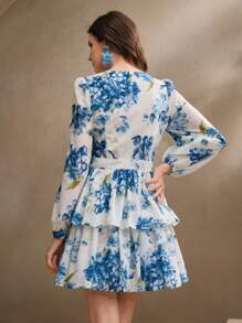 Anewsta Women's Deep V-Neck Puff Sleeve Ruffle Trim Vacation Mini Dress - Blue - View 2