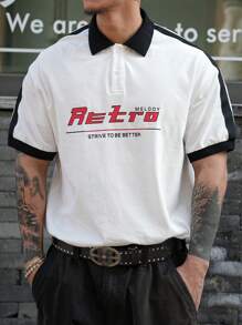 DAZY Men's Letter Print Color Block Polo Shirt, Summer - White - View 5