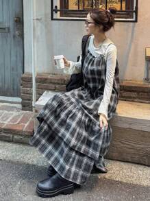 FRIFUL Vestido de mujer con tirantes largos a cuadros, estilo de vacaciones de primavera/verano, vestidos casuales para mujeres