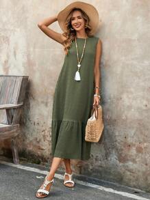 EMERY ROSE Summer Vacation Outfits Woman Solid Color Elegant Long Dress With Pockets - Olive Green - View 4