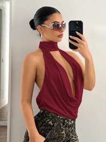 SHEIN ICON Women's Sexy Cut-Out Halter Solid Backless Sleeveless Tank Top For Going Out - Burgundy - View 5