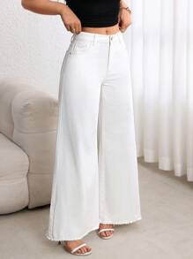 Breezaya Women's Wide Leg White Casual Loose Pocketed Denim Jeans