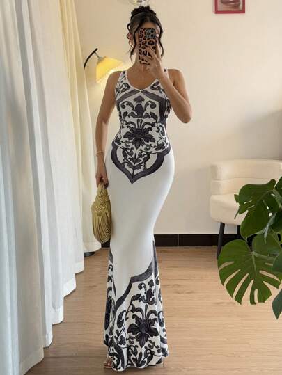 Rafferiza Women's Elegant Floral Print Spaghetti Strap Dress