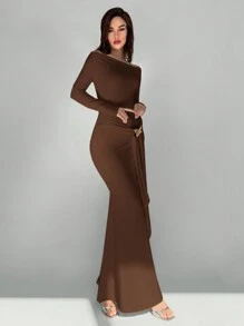 Aloruh Elegant Off-Shoulder Metal Bow Decor Long Dress For Women,Tea Party Dress