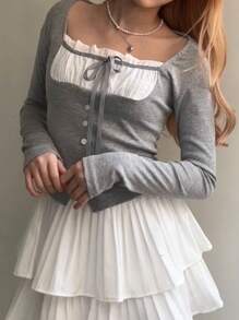 DAZY Women Contrast Color Patchwork 2 In 1 Wrap Short Long Sleeve T-Shirt, Grey, Spring/Summer/Autumn - Grey - View 5