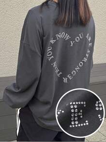 FRIFUL Women's Loose Gray T-Shirt With Rhinestone Heart Print, Spring,Graphic Tees Long Sleeve Women Tops