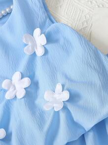 SHEIN 2 pièces/Set Top à volants sans manches avec décor floral 3D et short lanternes pour jeune fille, été - Bleu azur - Voir 3