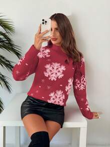 Chiquease Áo len chui đầu cổ tròn tay dài họa tiết bông tuyết tối giản cho nữ, áo len chui đầu dệt kim, áo len thu đông - Màu Đỏ Sâu - Xem 3