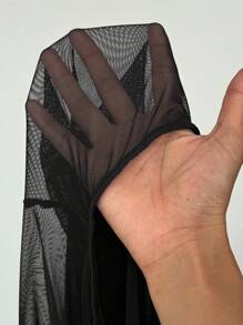 SHEIN Unity Black Mesh Lining Off Shoulder Drawstring Tie Ruffle Asymmetrical Hem Slim Fit Long Sleeve Top, Simple Elegant Minimalist Design For Women, Spring & Autumn - Black - View 7