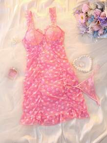 Ladies Sexy Heart Pleated Ruffled Nightgown - Pink - View 6