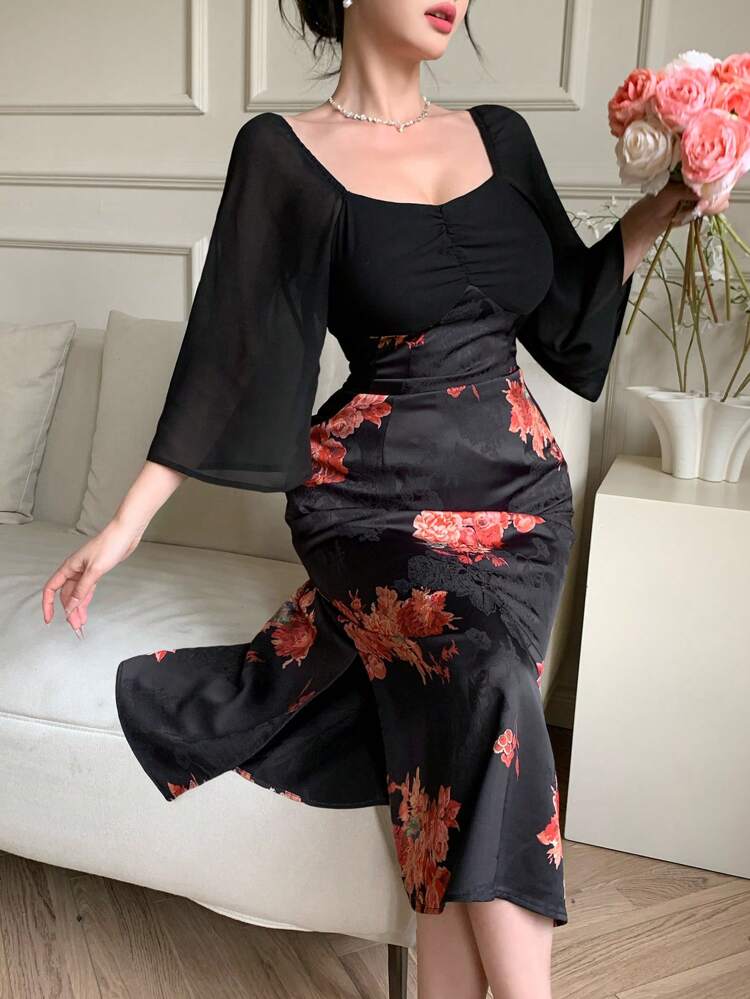 Women's Floral Print Patchwork Bell Sleeve High Split Vintage Midi Dress,Ruffle