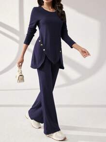 Graceveil 2pcs/Set Women Casual Round Neck Long Sleeve Button Decor Top And Flare Pants Outfit Modest - Navy Blue - View 1