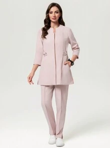 Scrubzie 2pcs Set Women Long Sleeve Shirt & Pants, Nursing Scrub Uniform - Pink - View 6