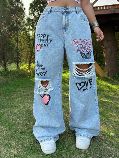 SHEIN MOD Pantalones vaqueros azules rectos y holgados de talla grande con efecto desgastado