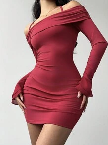 SHEIN Essnce 女士纯色露背系带长袖修身红色迷你连衣裙 - 酒紅色 - 查看 4