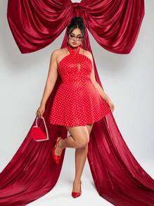 SHEIN ICON Vestido rojo con lunares de escote halter y espalda descubierta, talla grande, atuendo para el Día de San Valentín de verano - Rojo y blanco - Ver 2