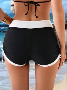 Woman Beach Outfits, Minimalist Casual Holiday Black & White Contrast Color Elegant All-Over Wrapped Side Drawstring Swimwear Bottom Shorts For Summer Beach Vacation - Black - View 2