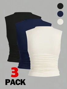Auralis 3pcs/Set Plus Size Women Slim Fit Sleeveless Basic Camisole Spring To Summer - Navy Blue - View 2