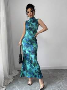 Elenzga Tie-Dye Flower Print Sleeveless Dress - Green - View 3