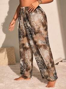 Swim Lushoire Plus Size Holiday Beac Animal Print Coverup Top And Long Pants Set