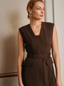 Anewsta Elaire Retro Elegant Elastic Waistband Open Placket Suit Sleeveless Dress Old Money - Brown - View 4