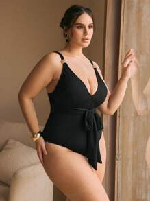 Swim Chiccia 夏季大码连体泳衣，系腰带和可调节肩带，优雅海滩系列