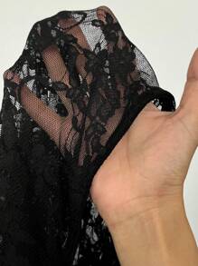 StreetHx Black Floral Lace See-Through Asymmetrical Ruched Tight Fitted Long Sleeve Crop Top, Fashionable Minimalist Elegant Sexy For Dates, Gatherings, Parties, Festivals, Spring/Summer Women