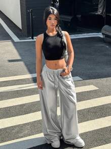 Flirla Pantalones largos casuales de mujer con diseño de rayas laterales estilo urbano