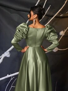 Glamrae Robe de soirée longue élégante en satin à manches ballons, col V en maille, corsage baleines, taille haute évasée. Robe d'invitée de mariage avec fente haute sur le côté, robe de soirée - Vert - Voir 4