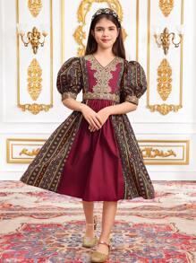 SHEIN Vestido de meninas para banquete elegante, lujoso y digno con cuello en V, cinta dorada, manga abullonada y bloque de color para Ramadán