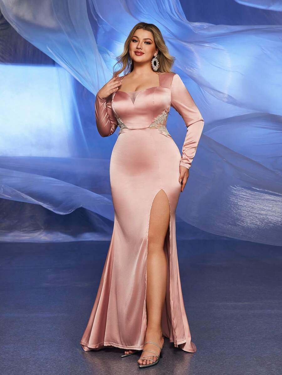 Glamrae Plus Size Elegant,Formal,Evening,Prom,Dusty Pink,Spring Minimalist Stretchy Pique Hollow Out Embellished High Slit Luxurious Wedding Guest Gown Dress - Dusty Pink - View 1