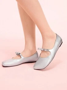 CUCCOO DOLLMOD Women's Cute Minimalist Flat Shoes With Oblique Square Toe, Silver Color, Bowknot Decor Valentine's Day