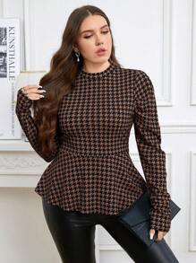 Reflora Women's Plus Size Houndstooth Print Long Sleeve Ruffle Hem Casual T-Shirt - Brown - View 5