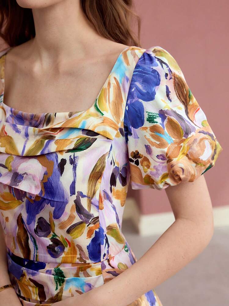 100% COTTON FLORAL PRINT PUFF SLEEVE MIDI DRESS