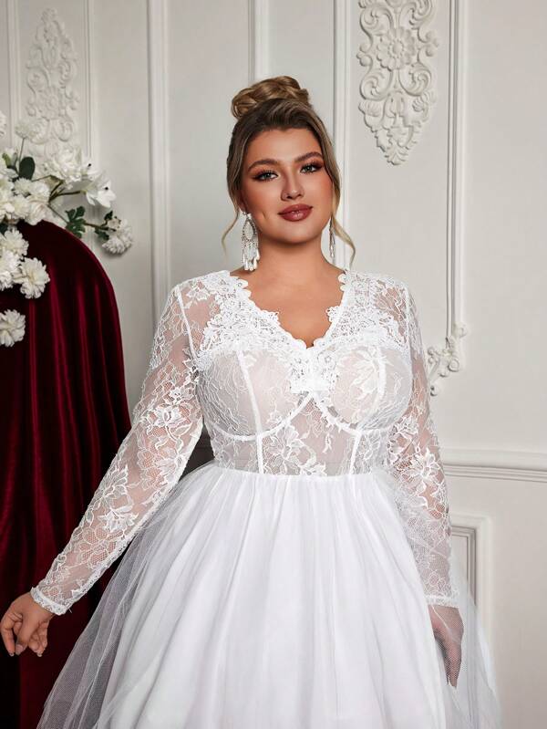SHEIN Belle Rochie cu mânecă lungă, elegantă, albă, transparentă, cu decolteu în V, cu dantelă florală elastică, mozaic și rochie de bal din tul, potrivită pentru o singură petrecere, nuntă, absolvire, vacanță, duș de mireasă, rochie albă mică